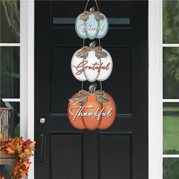 3 Pieces Fall Door Sign Pumpkin Decor Grateful Thankful Blessed Wall Signs - Picture 1 of 8